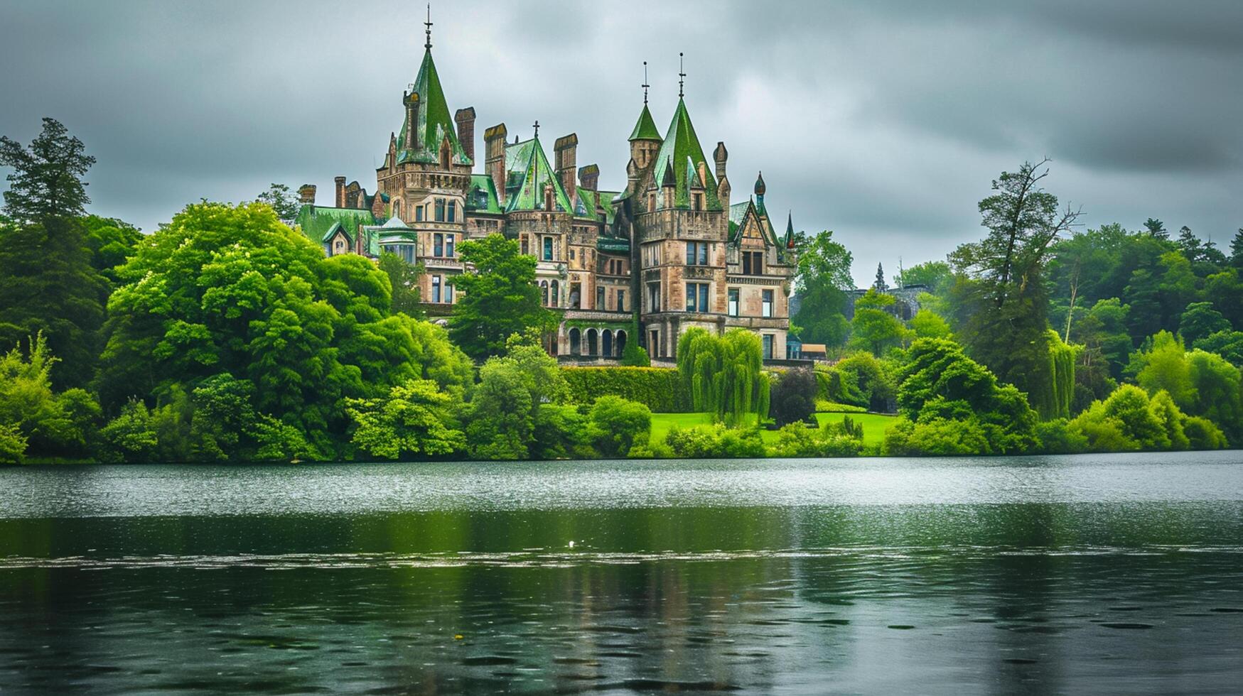 ai gerado foto do majestoso castelo gostar estrutura, cercado de exuberante vegetação e sereno corpo do água. a construção múltiplo torres com aguçado telhados, e verde telhados. ai gerado