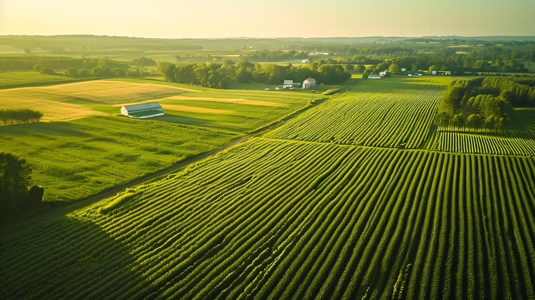 ai gerado aéreo Visão captura grande, exuberante verde campo com cultivo plantado dentro direto, paralelo linhas. a campo é vibrante e bem mantido, indicando saudável colheita crescimento. ai gerado foto