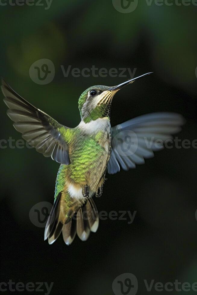 ai gerado pequeno pássaro vôo contra verde fundo ai gerado foto