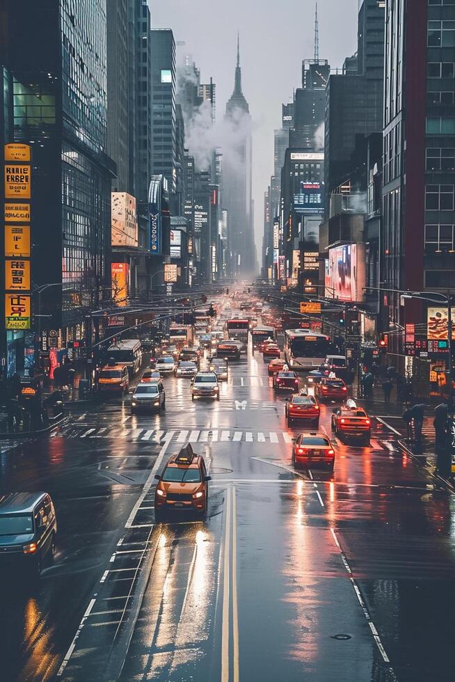 ai gerado imagem do cidade rua em chuvoso dia. edifícios paisagem, a estrada devemos estar molhado e refletir a luzes a partir de numerosos veículo Incluindo carros e caminhão ai gerado foto