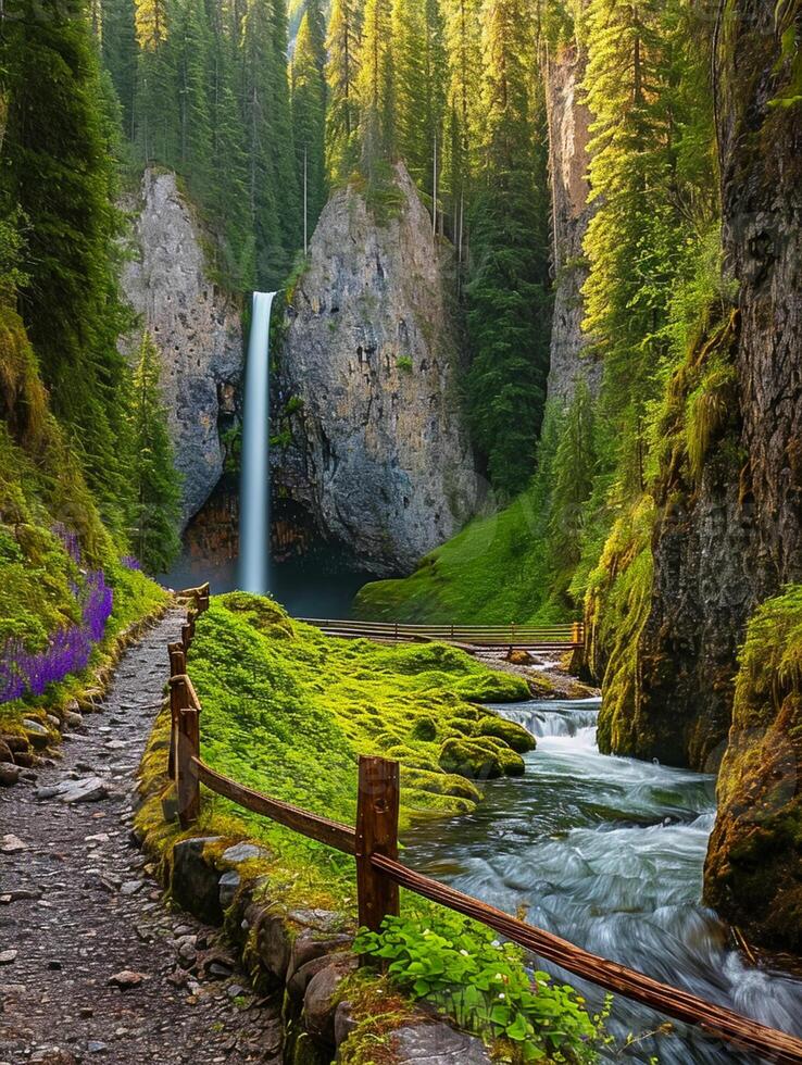 ai gerado sereno imagem captura pitoresco cena do natureza apresentando cachoeira, floresta, lagoa e rochoso ai gerado foto