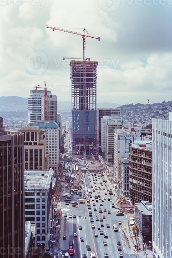 ai gerado foto do paisagem urbana com rua preenchidas com comovente carros. edifícios do diferente alturas e desenhos flanco ambos lados do a rua. ai gerado