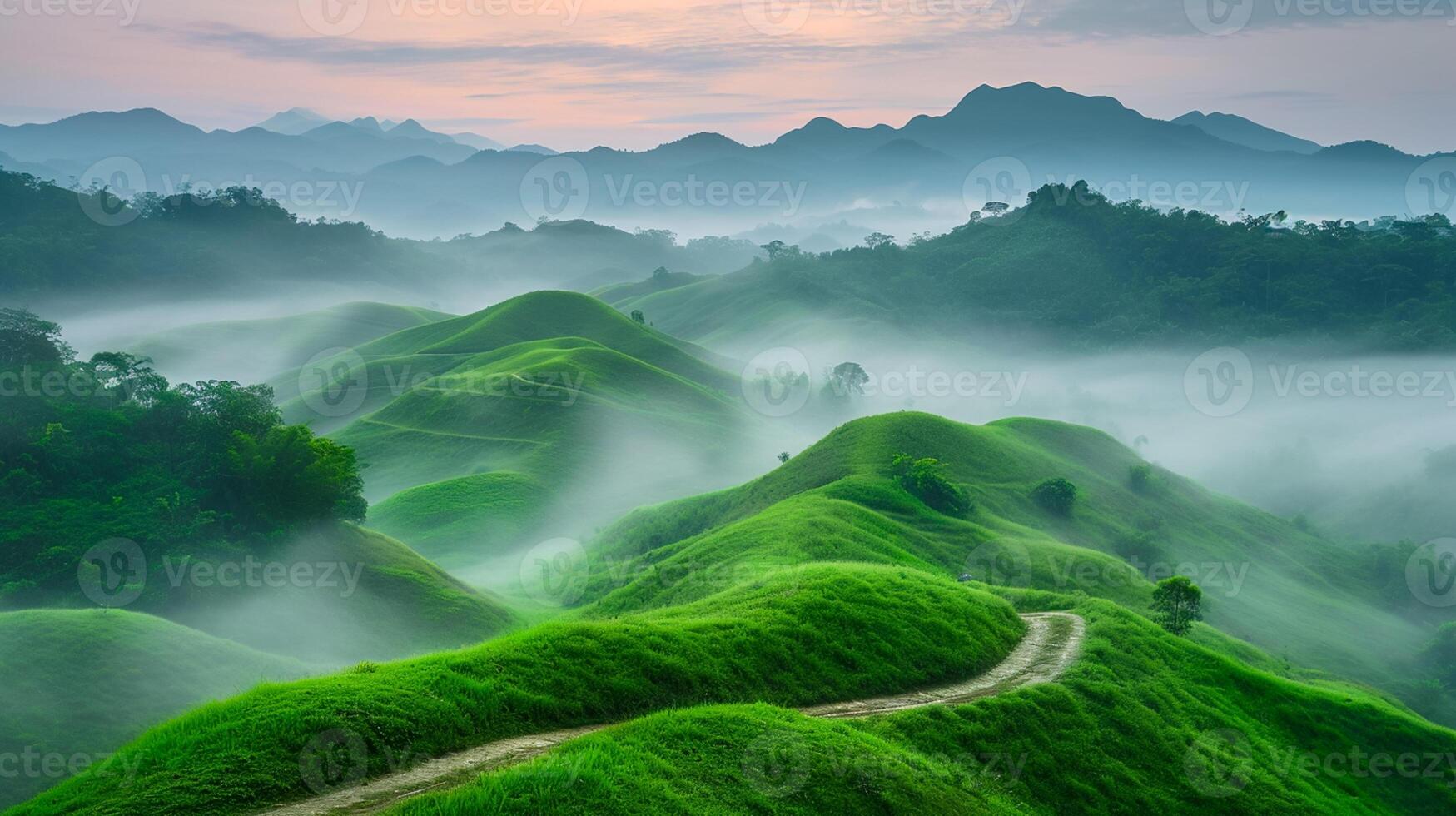 ai gerado foto do rolando verde colinas coberto dentro exuberante vegetação no meio enevoado atmosfera. sujeira caminho ventos através a paisagem, natureza conceito ai gerado