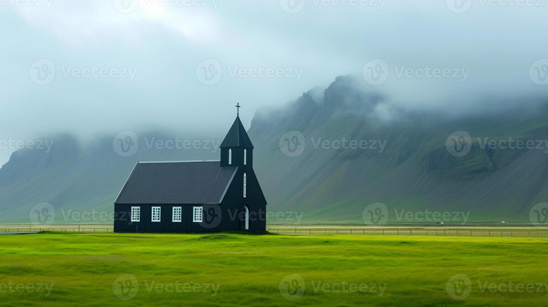 ai gerado foto do solitário Preto Igreja situado dentro a meio do a expansivo verde campo. ai gerado