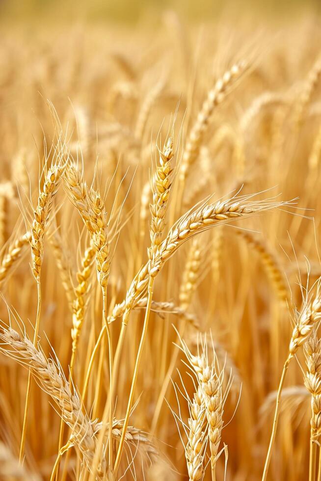 ai gerado foto dourado campo trigo indicando isto é maduro e pronto para colheita. Individual trigo talos e grãos estão visível, mostrando detalhe e textura. ai gerado