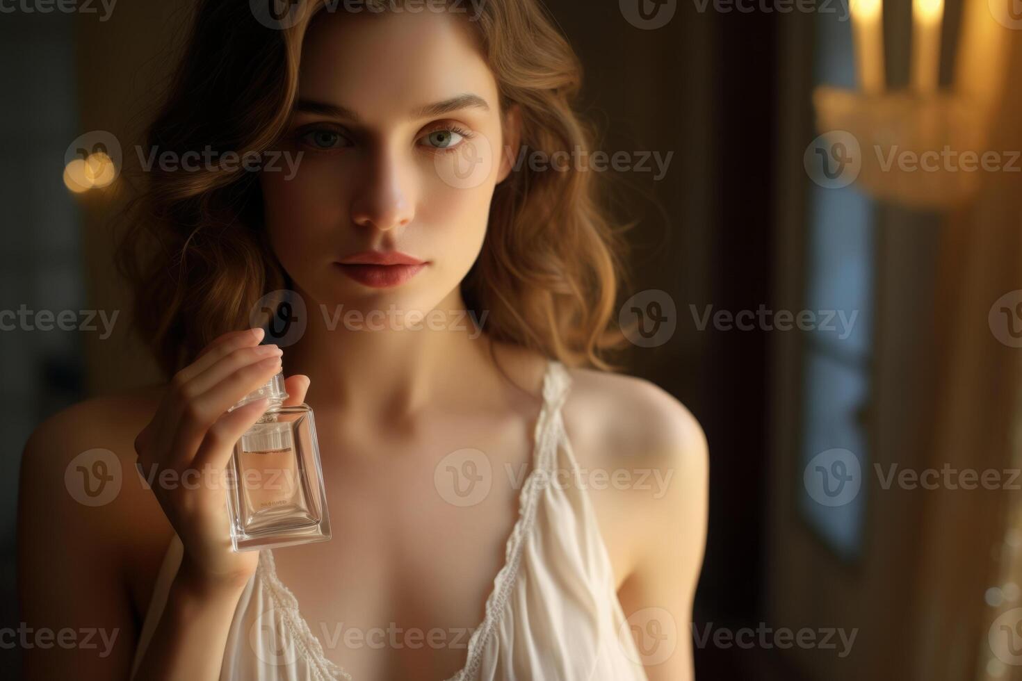 ai gerado jovem mulher com perfume garrafa às lar. foto