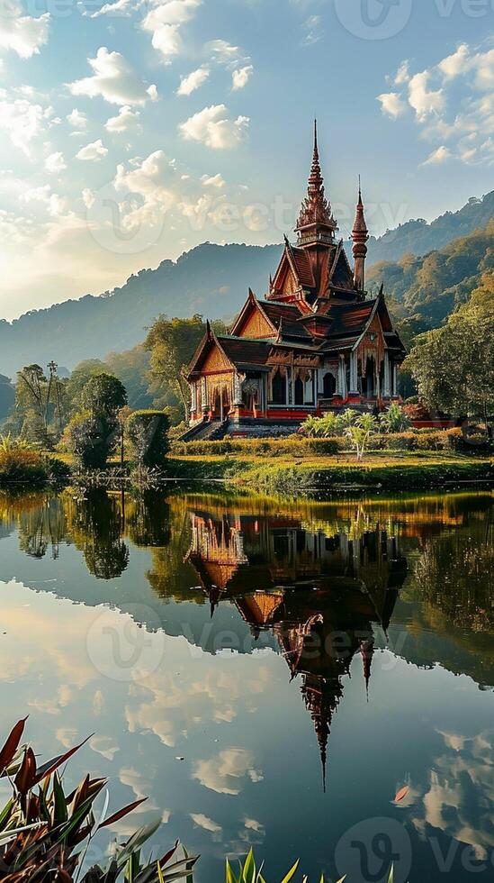 ai gerado foto lindo panorama com castelo em imaculado lago ai gerado