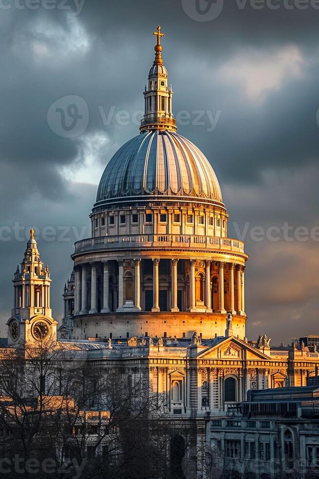 ai gerado a catedral é iluminado de luz solar, arquitetônico detalhes. ampla icônico cúpula este é sinônimo com a estrutura ai gerado foto