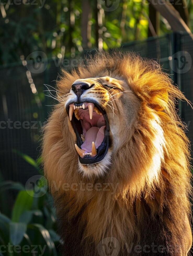 ai gerado rugindo leão capturado meio do rugido com Está juba fluindo e dentes exposto ai gerado foto