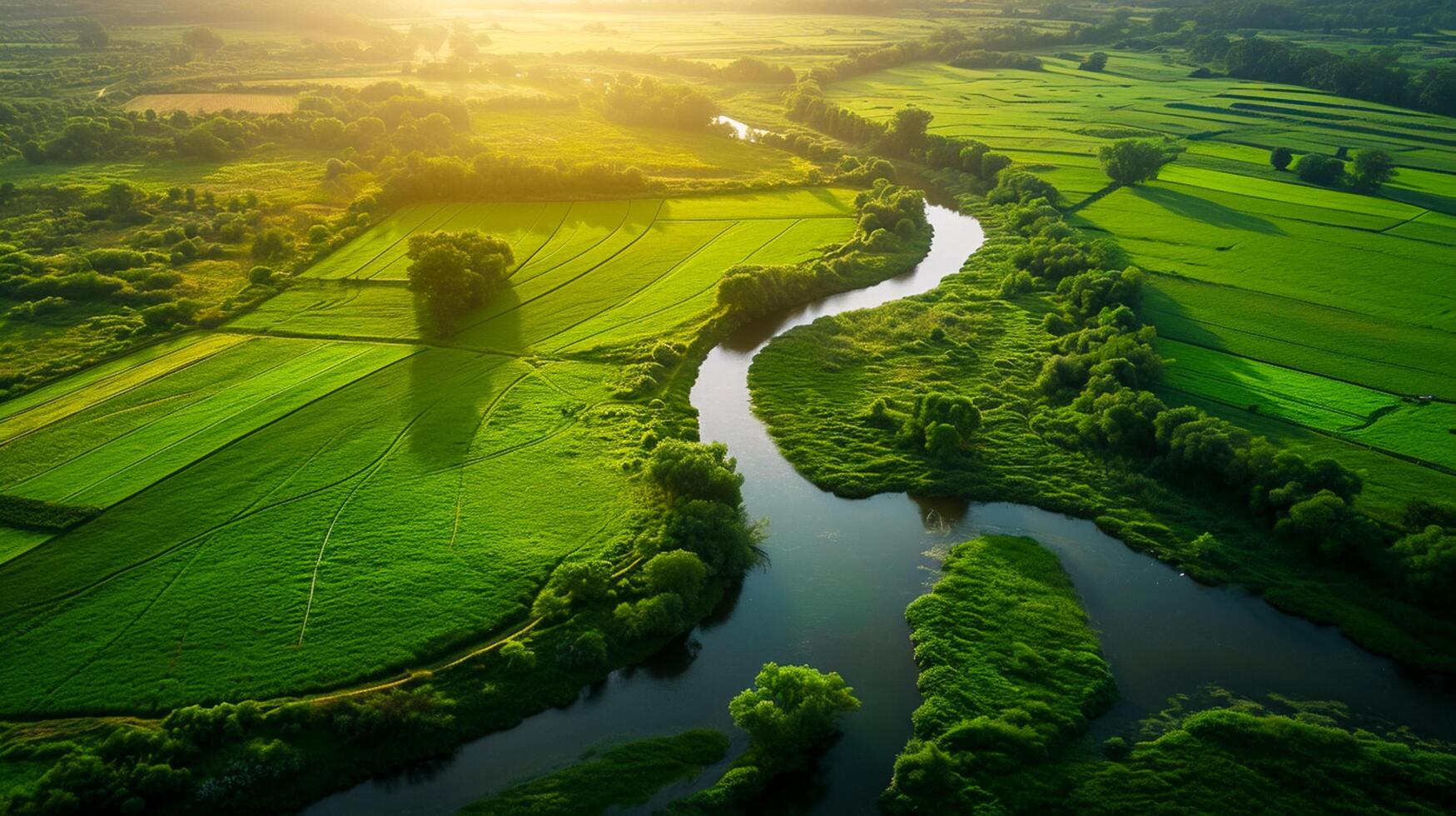 ai gerado exuberante verde panorama interseção de calma rio, a Sol fundição grandes sombras. a rio devemos meandro através a paisagem, refletindo a céu e em torno da vegetação ai gerado foto