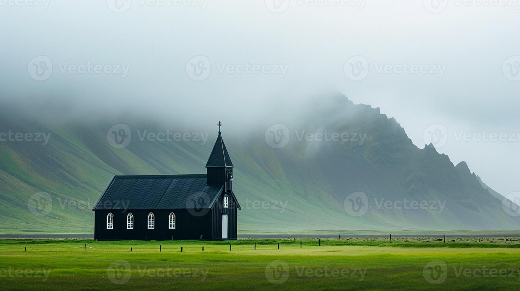 ai gerado foto Islândia panorama do lindo Igreja enevoado montanhas dentro a fundo ai gerado