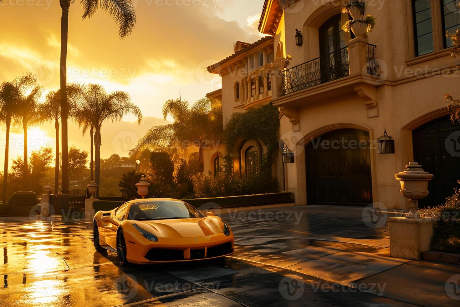 ai gerado Esportes carro estacionado dentro frente do uma luxo residência de pôr do sol, luxo vida ai gerado foto