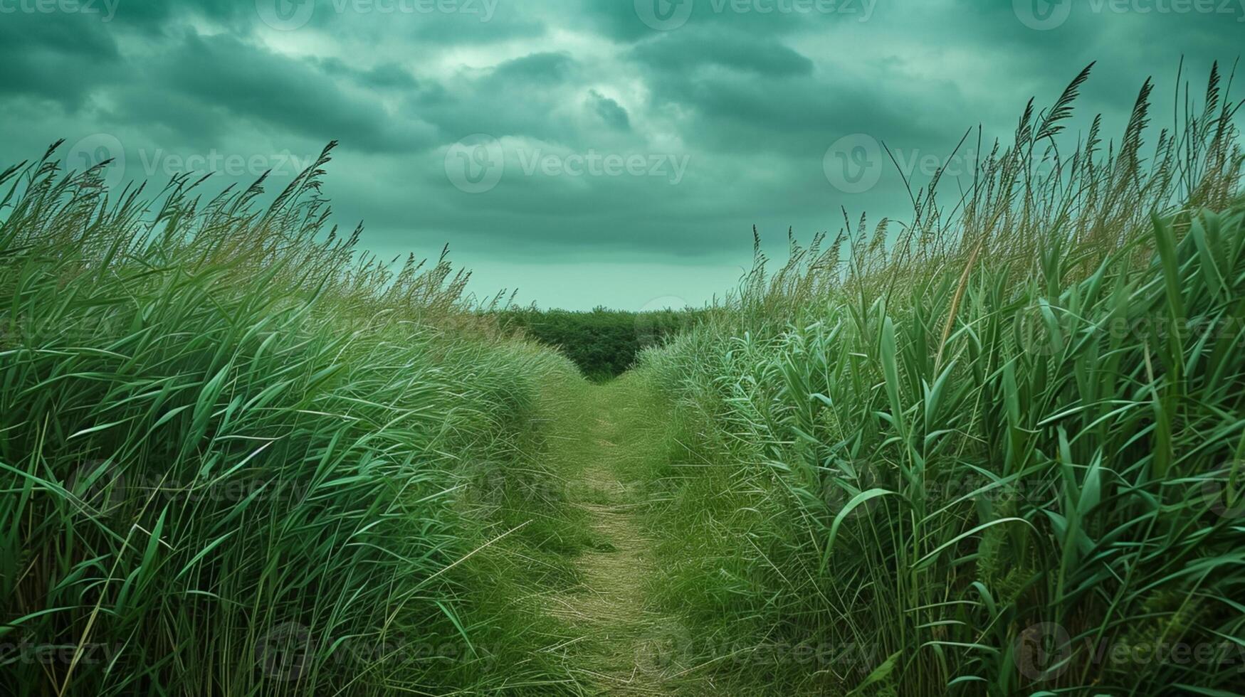 ai gerado limitar caminho corte através alta grama. a Relva em qualquer lado do a caminho estão denso e aparecer para estar balançando, dando dinâmico sentir para a cena. ai gerado foto