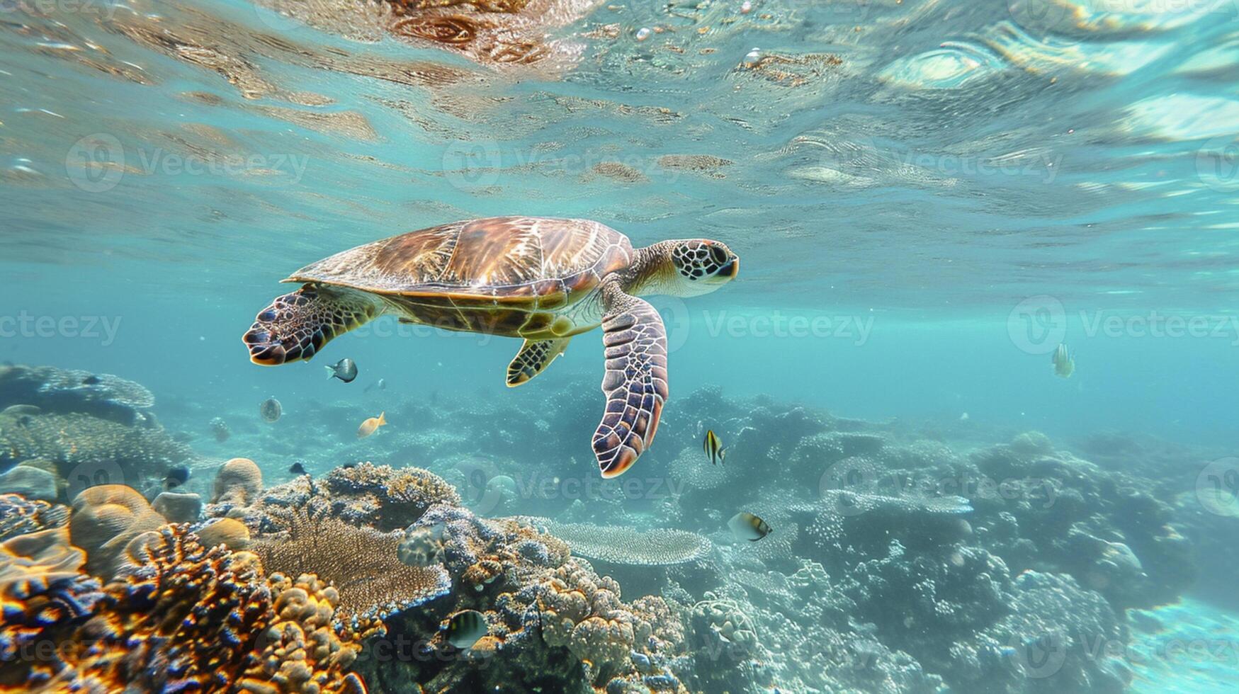 ai gerado sereno embaixo da agua meio Ambiente com mar tartaruga natação acima uma coral recife dentro claro, turquesa águas ai gerado foto