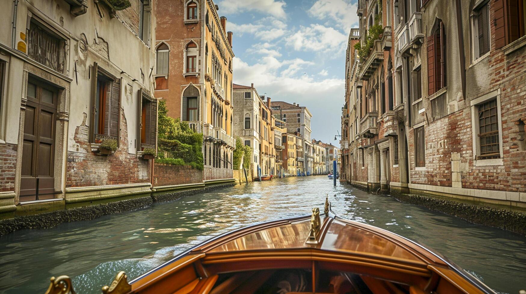 ai gerado lindo cena a partir de Veneza, com uma foco em uma limitar canal cercado de alto, envelhecido edifícios ai gerado foto