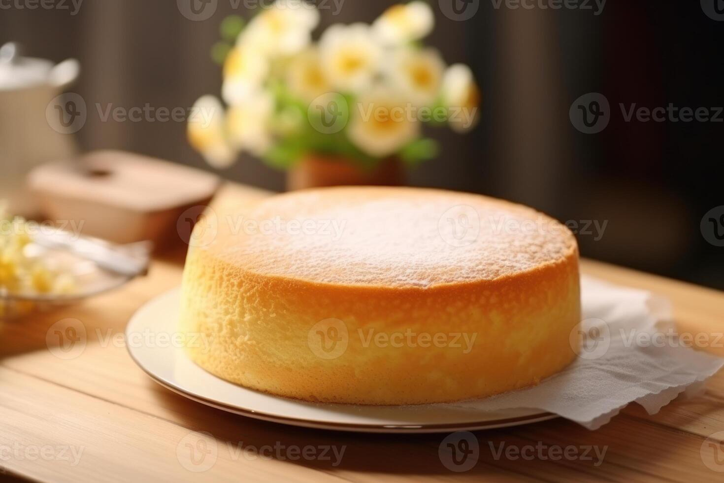 ai gerado delicioso caseiro esponja bolo em branco prato com ingredientes. foto