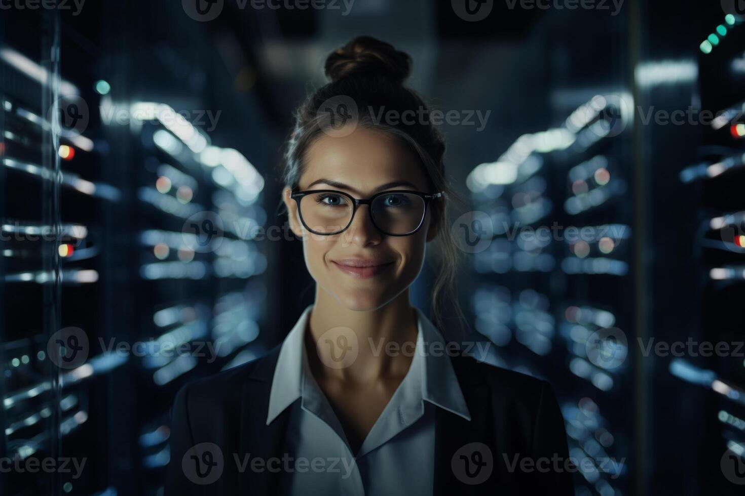 ai gerado sorridente fêmea técnico dentro servidor sala. foto