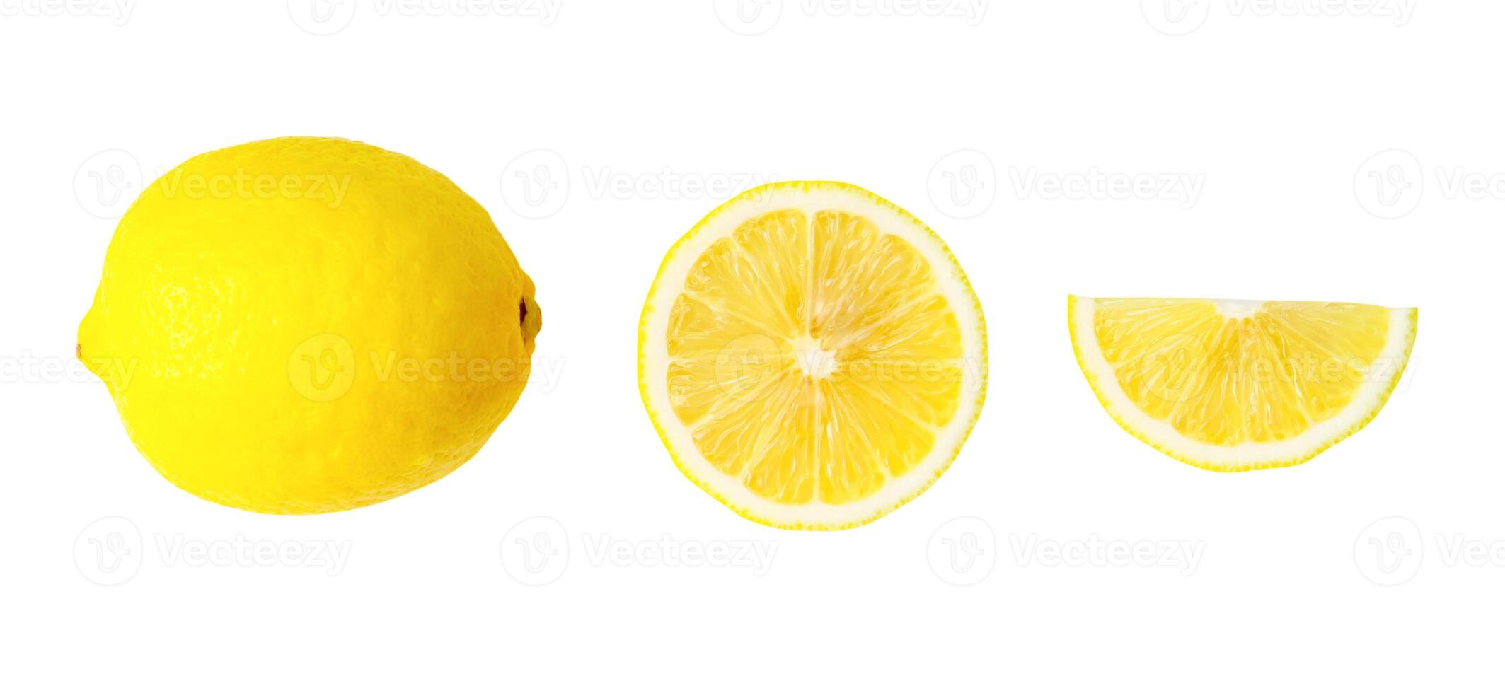 topo Visão do lindo amarelo limão fruta com metade e fatia ou trimestre isolado em branco fundo com recorte caminho foto