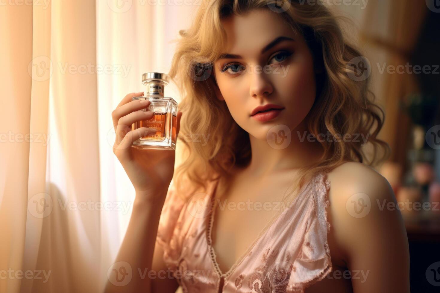 jovem mulher com perfume garrafa às lar. foto