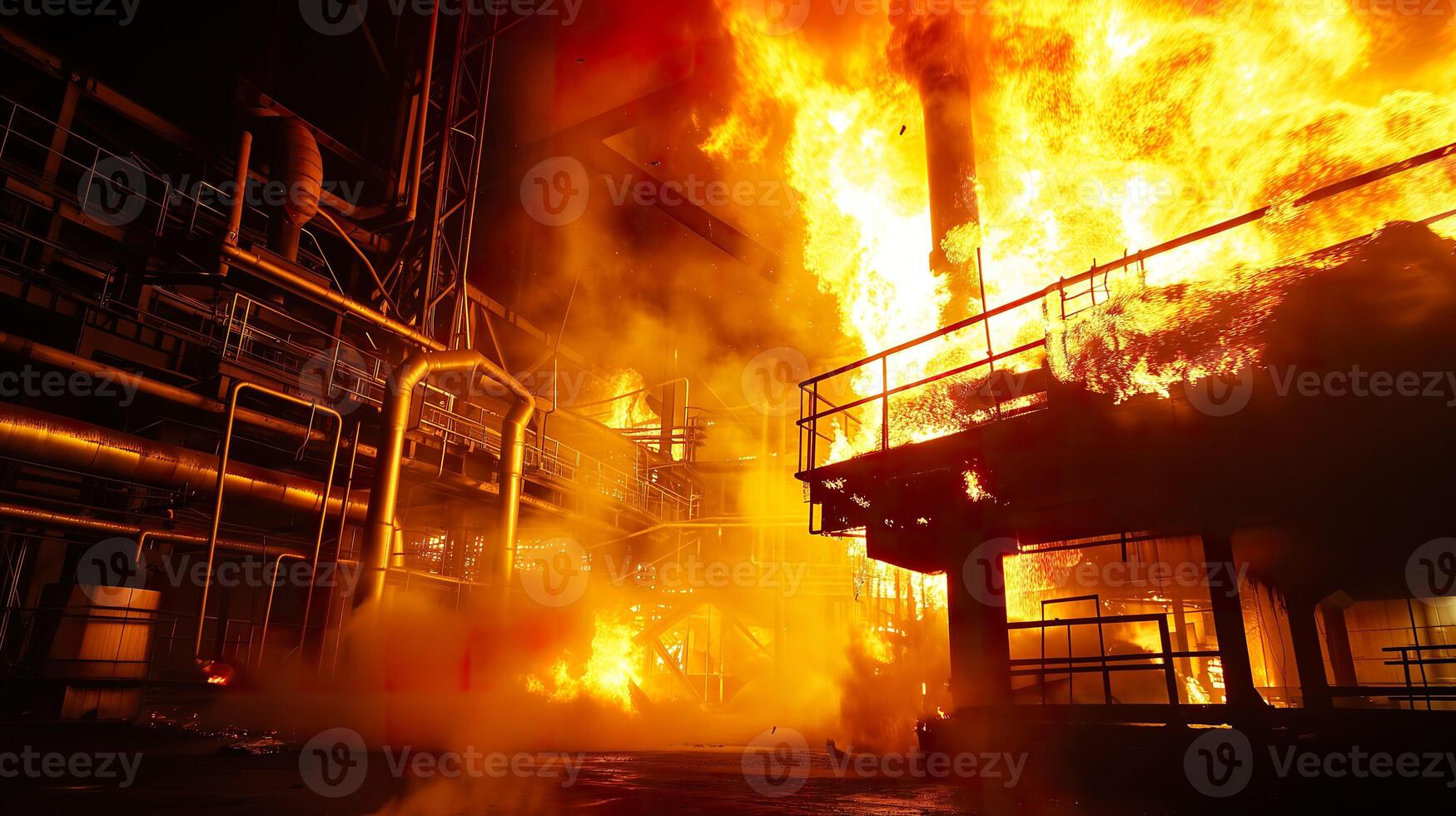 ai gerado fogosa desastre, intenso chamas dentro industrial configuração foto