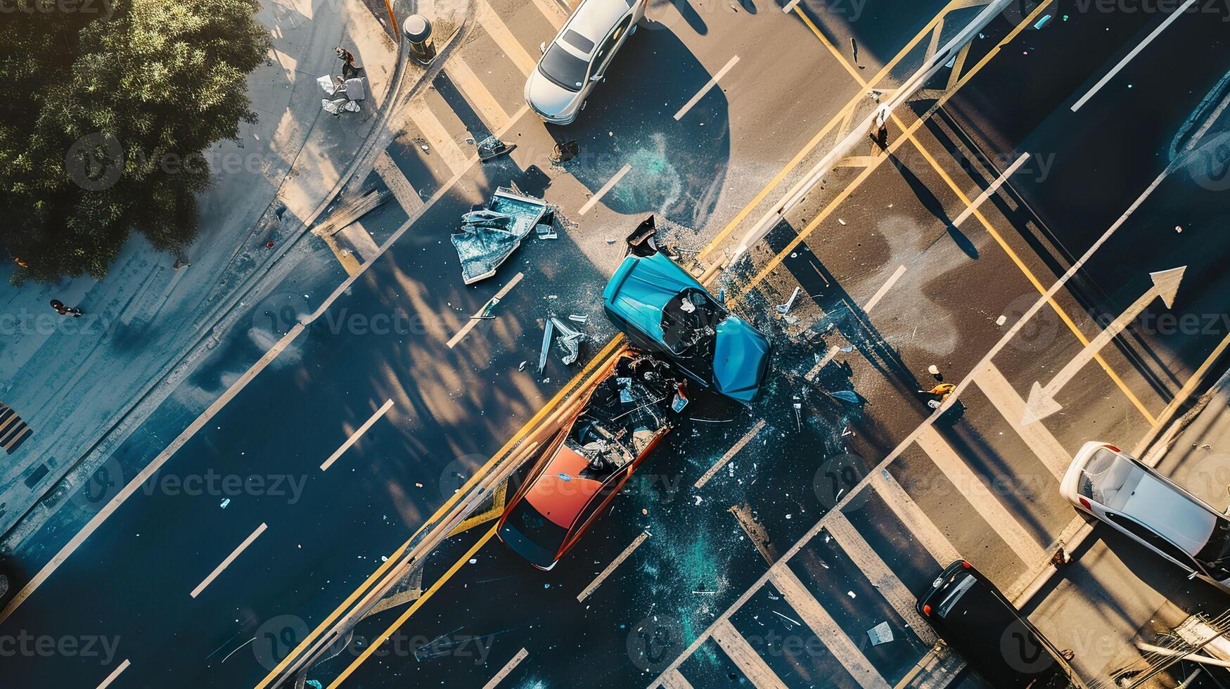 ai gerado perigoso carro colidir, vista do topo acidente em a estrada foto