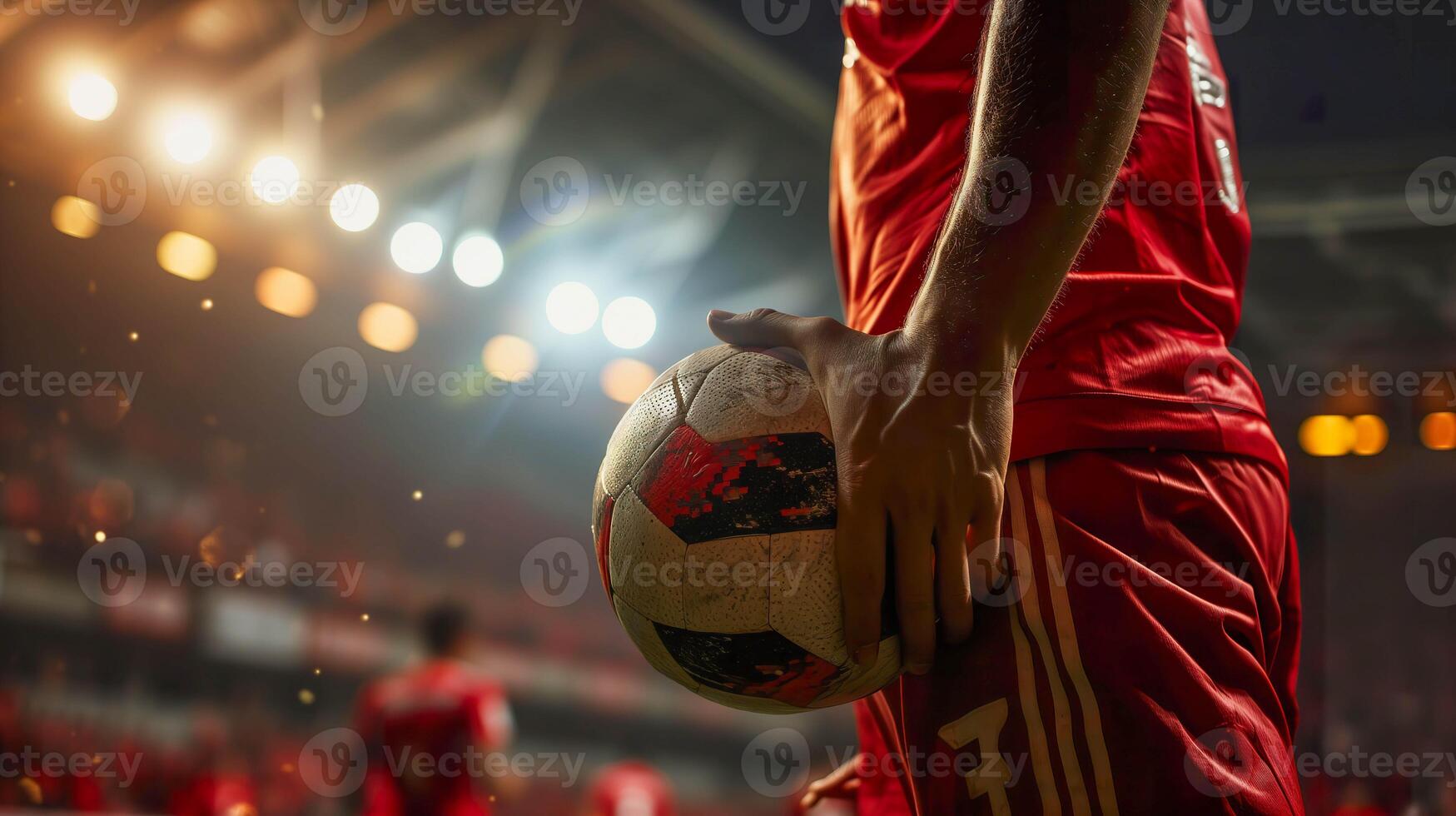 ai gerado irreconhecível futebol jogador segurando futebol bola, estádio açao foto