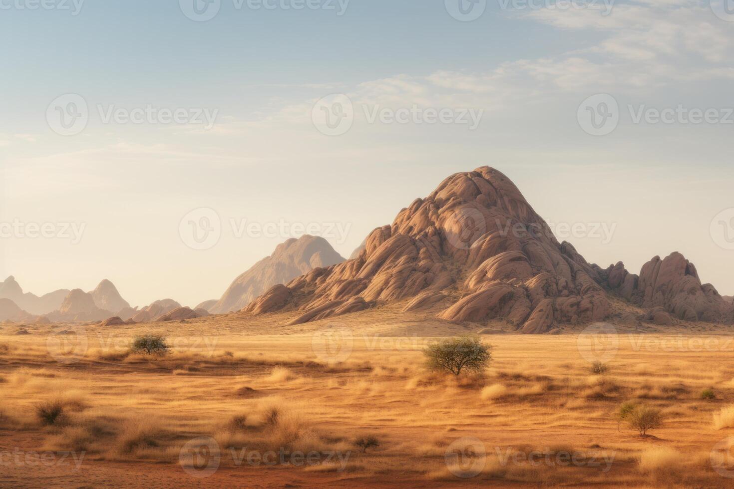 ai gerado Largo panorama do uma pedra deserto às nascer do sol dentro neblina do suave luz solar montanha panorama do spitzkoppe colinas namíbia. viagem para animais selvagens do África extremo Tour aventuras para região selvagem. foto