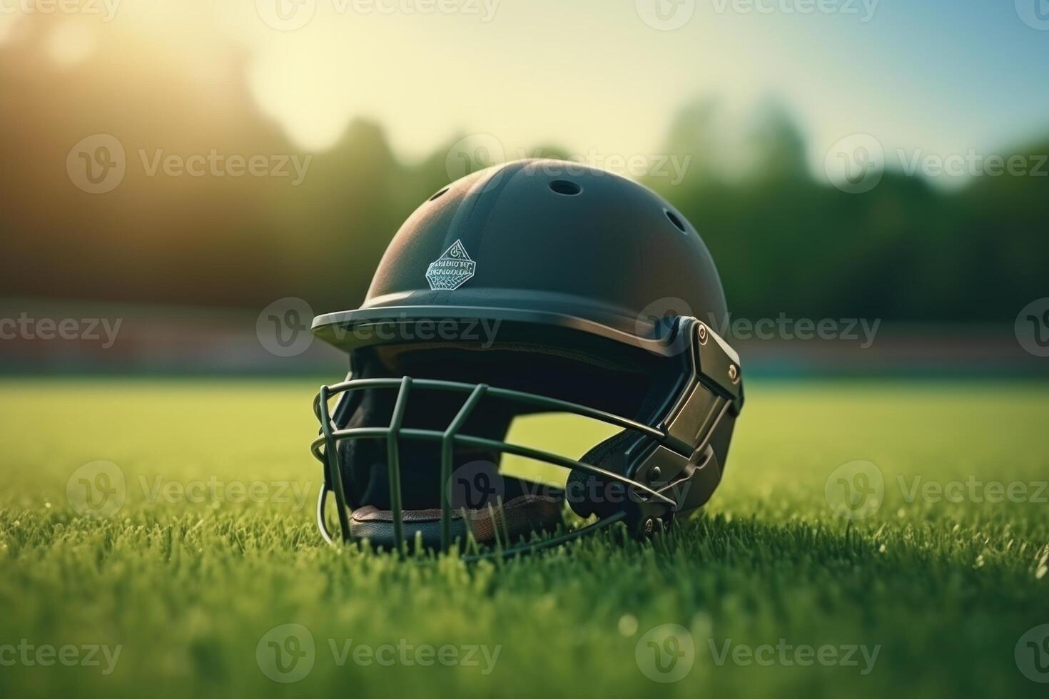 ai gerado Grilo fãs capacete em verde Relva com focado luzes. foto