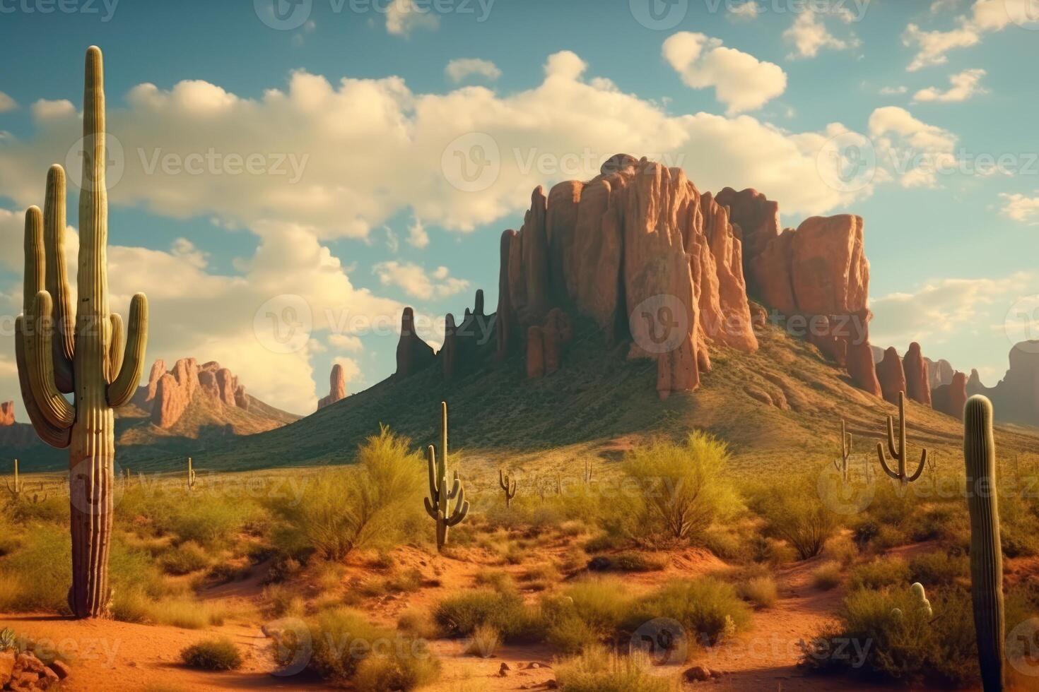 ai gerado quatro picos uma proeminente ponto de referência do a mazazal montanhas em a Oriental Horizonte do Fénix Arizona é emoldurado de alta saguaro cactos dentro a deserto. foto