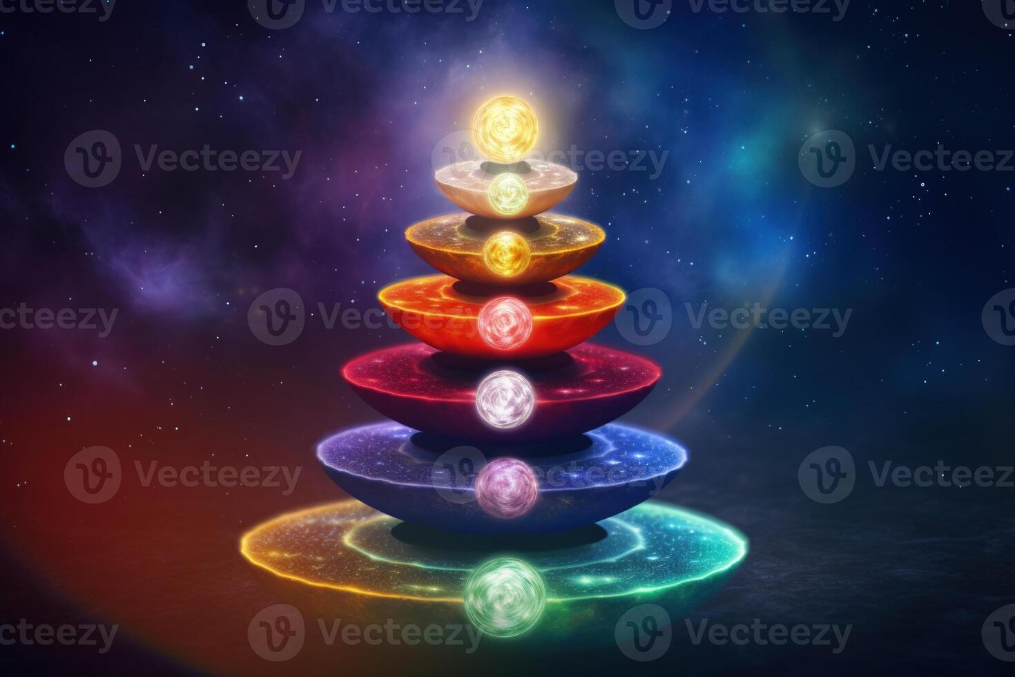 ai gerado cósmico espiralando chakras em Sombrio espaço fundo. foto