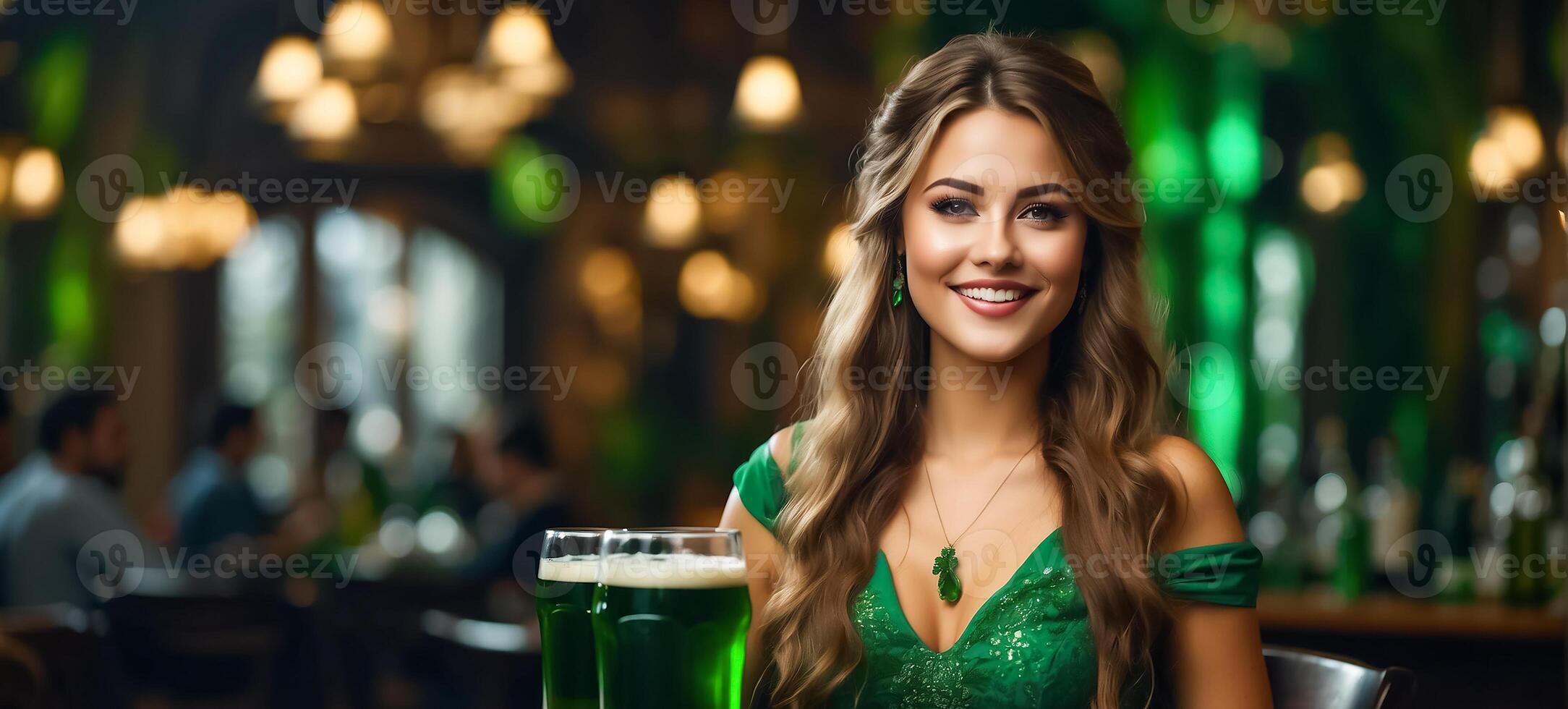 ai gerado lindo menina com uma vidro do verde Cerveja dentro uma Barra foto
