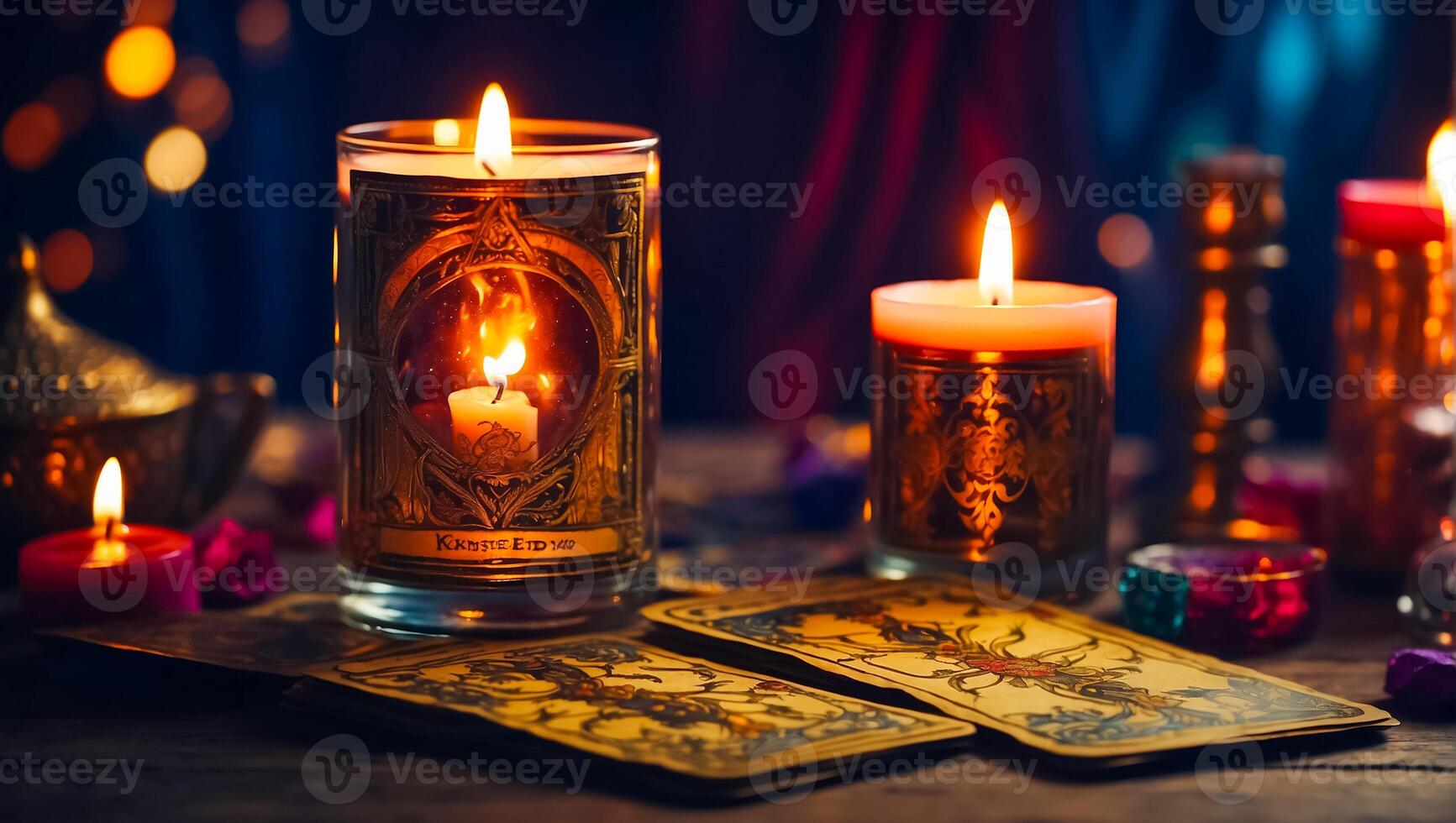 ai gerado tarot cartões, velas fundo foto