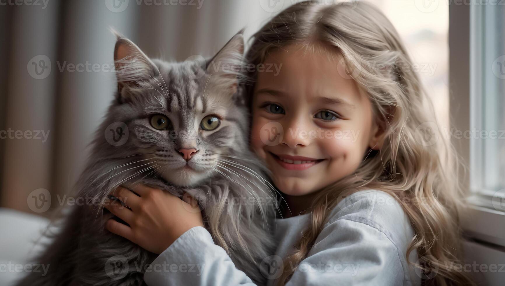 ai gerado pequeno menina com fofa gato às casa retrato foto