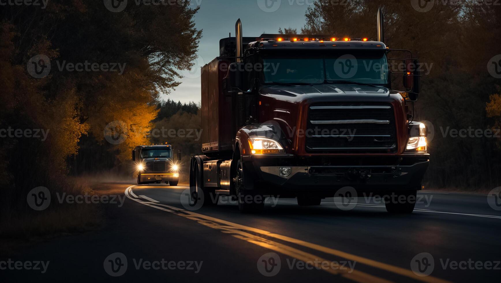 ai gerado moderno caminhão dirigindo em a estrada às noite dentro verão foto