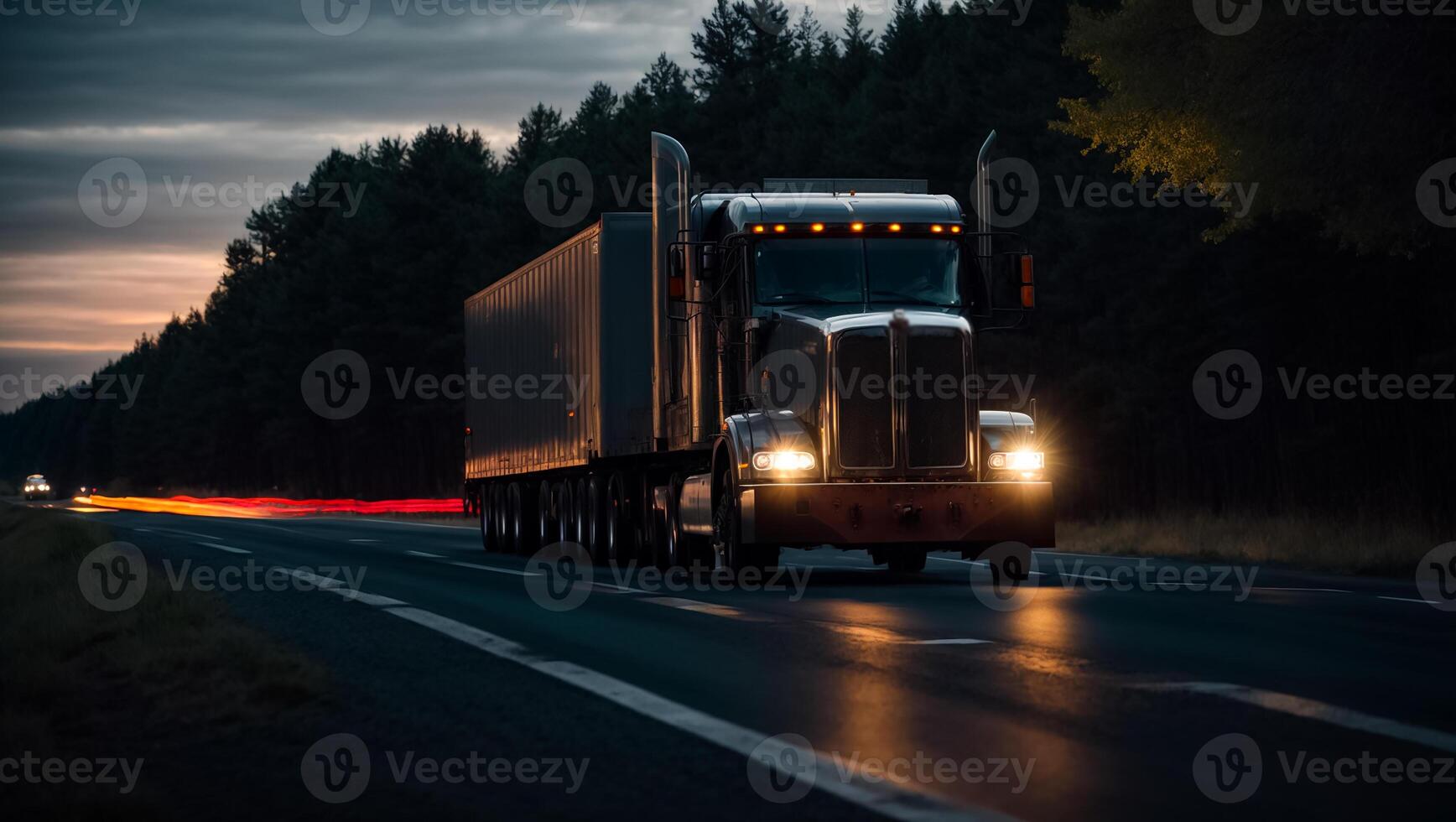 ai gerado moderno caminhão dirigindo em a estrada às noite dentro verão foto