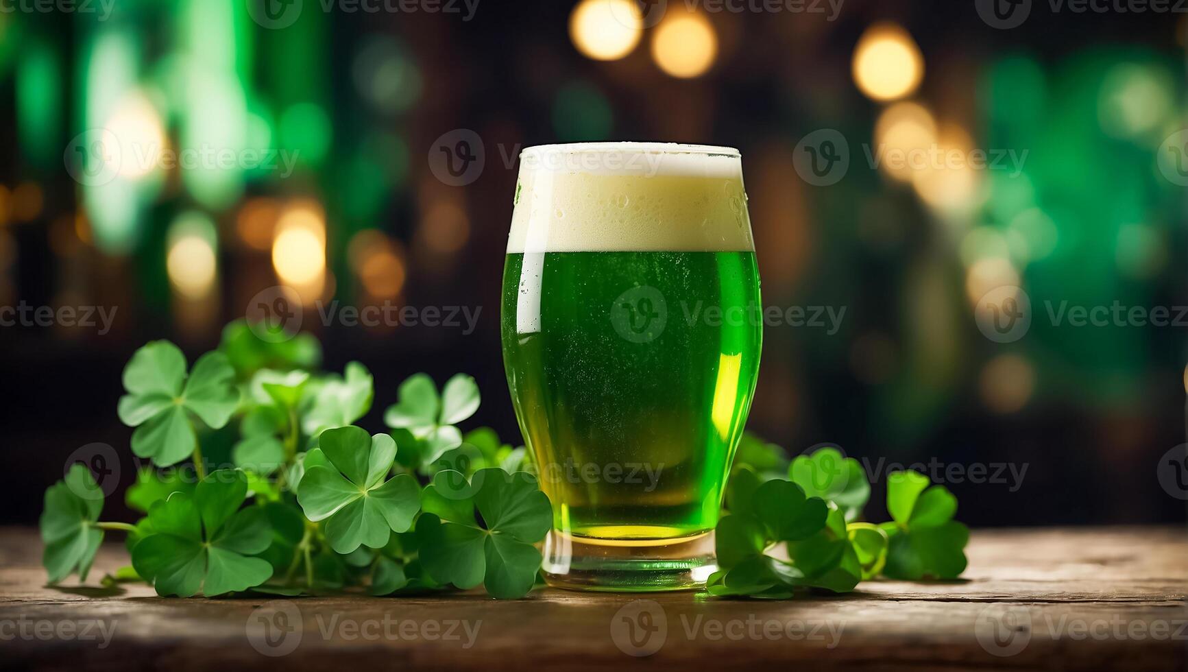 ai gerado óculos com verde cerveja, trevo folhas fundo foto