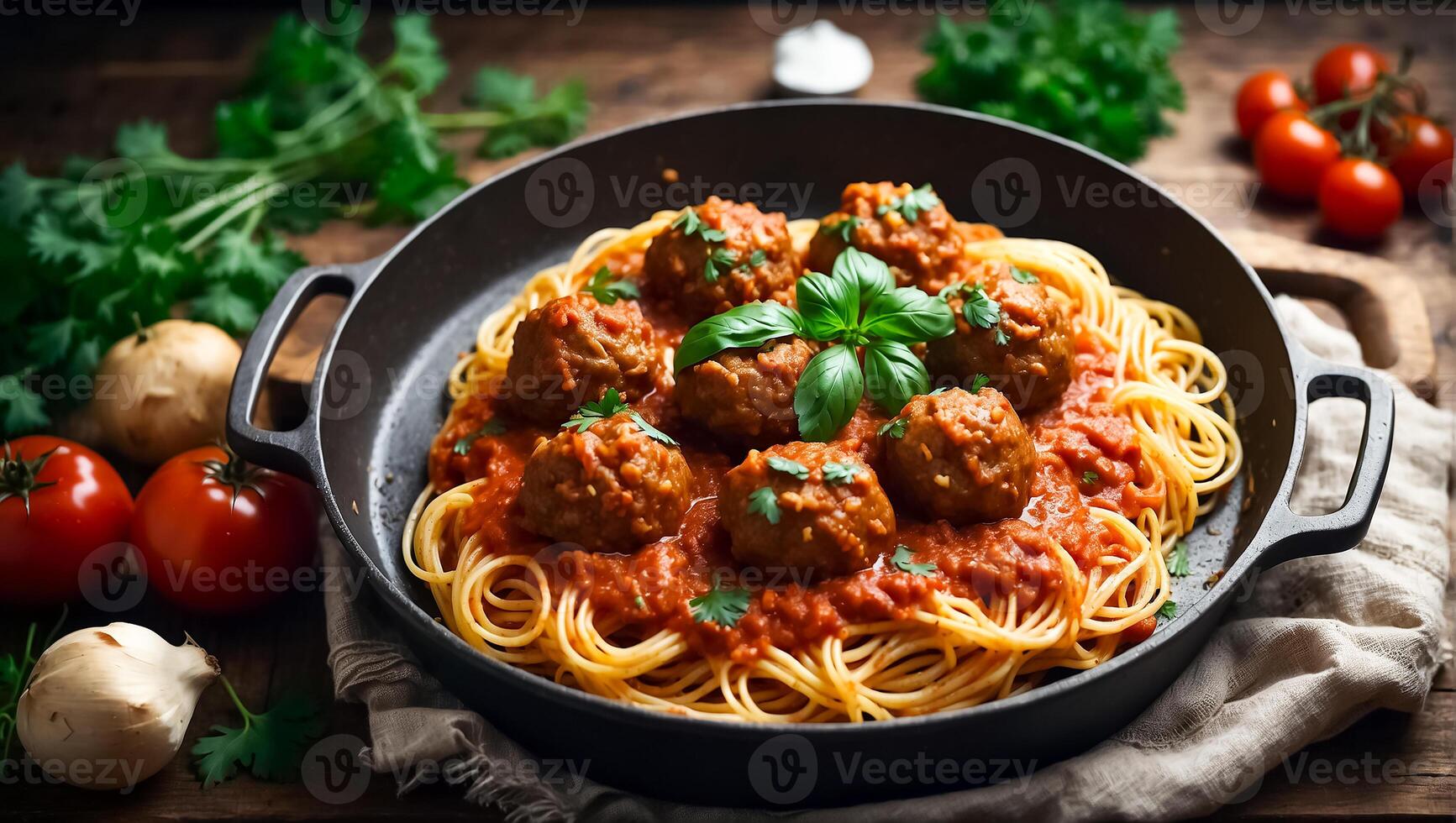 ai gerado delicioso apetitoso almôndegas com espaguete, tomate molho dentro a cozinha foto