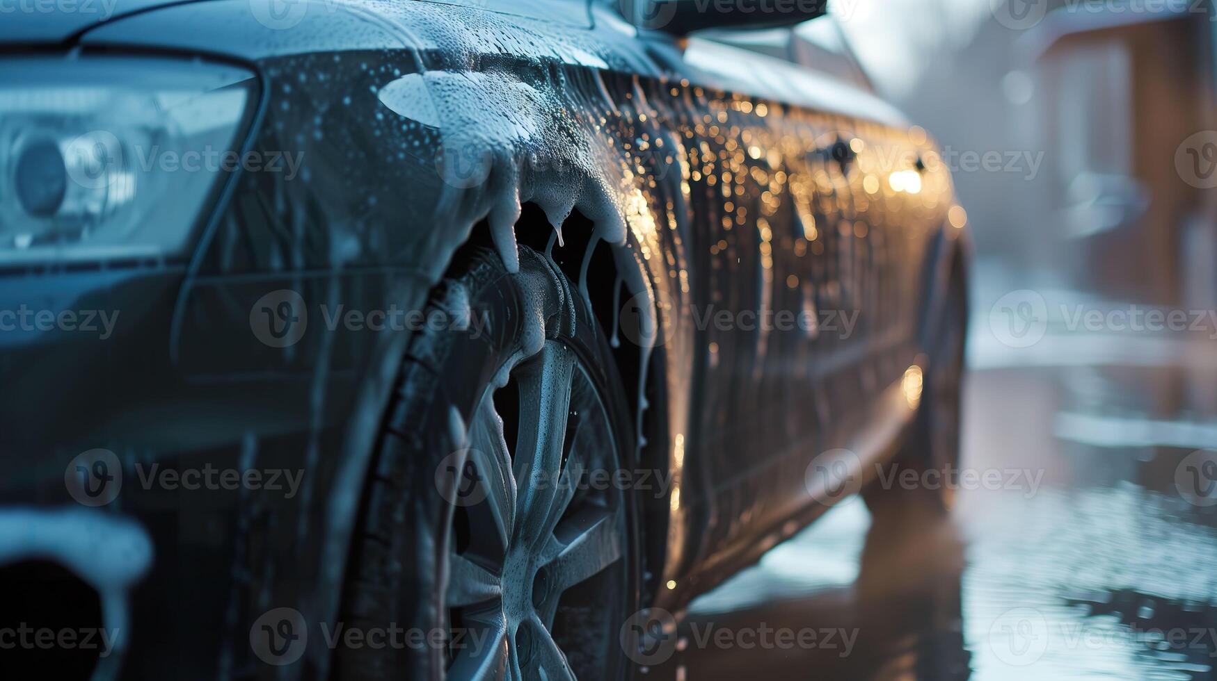 ai gerado auto spa experiência, eficiente carro lavar com espuma e água foto