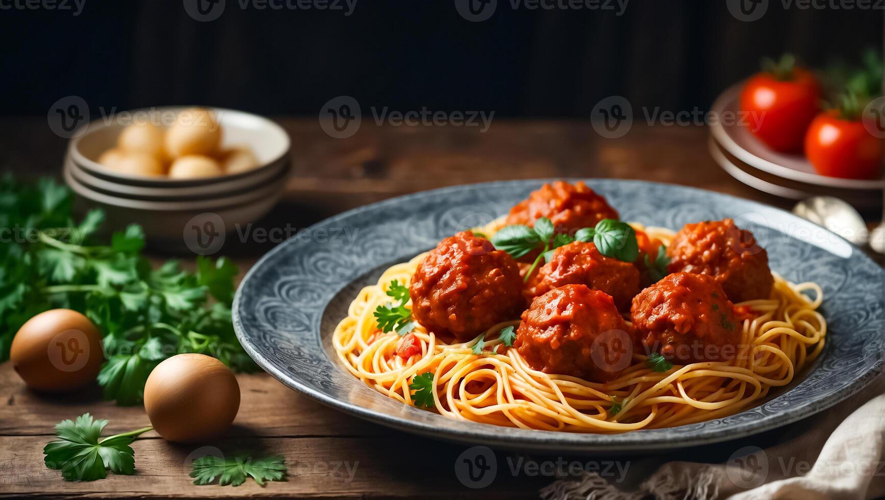 ai gerado delicioso apetitoso almôndegas com espaguete, tomate molho dentro a cozinha foto