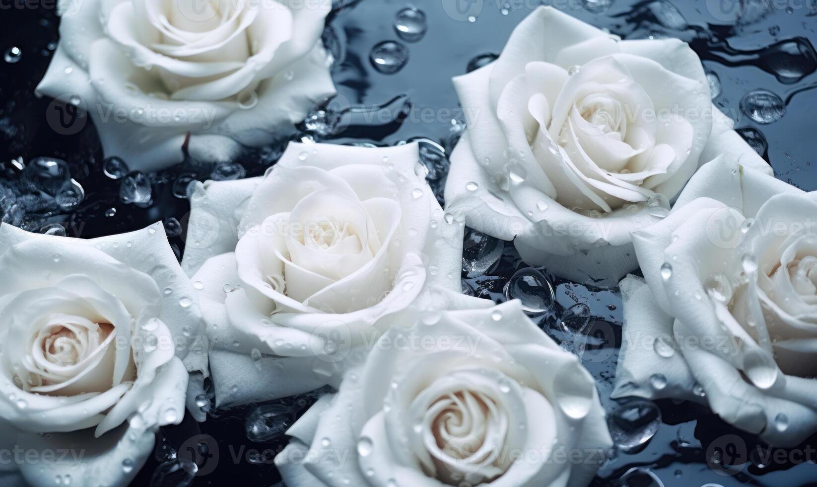 ai gerado lindo branco rosas em Sombrio azul água superfície com água gotas. foto