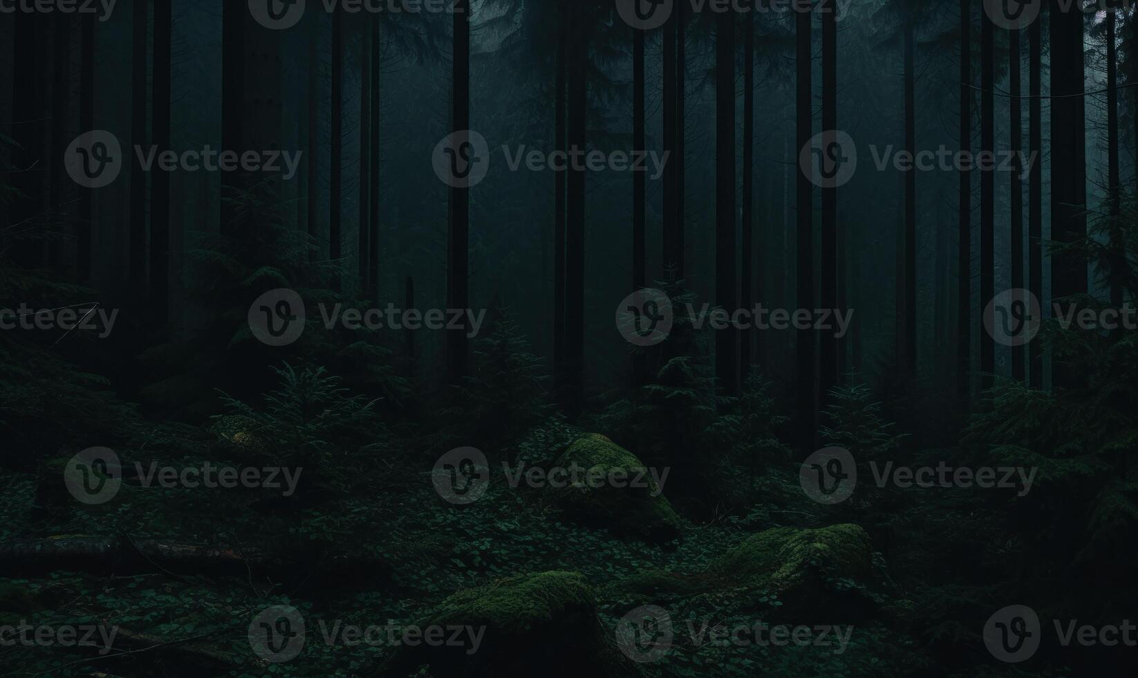 ai gerado Sombrio floresta com névoa dentro a fundo. profundo verde tonificado natureza fundo foto