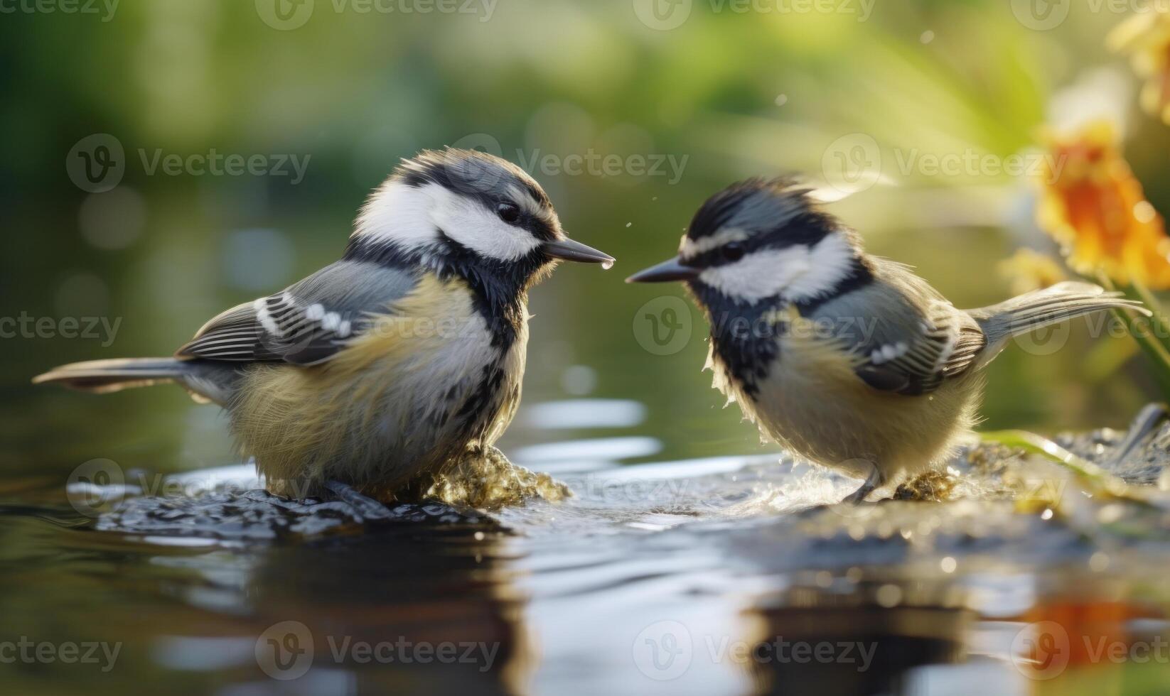 ai gerado dois ótimo tit pássaros, parus principal, bebendo água a partir de uma fonte. foto