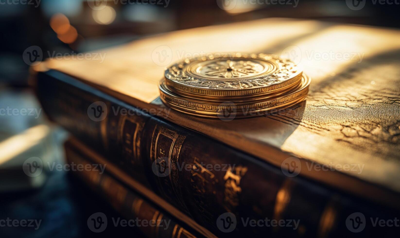 ai gerado velho livros em uma de madeira mesa dentro a biblioteca, aceso de a Sol foto