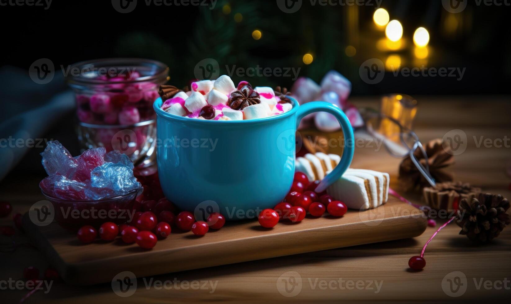 ai gerado quente chocolate com romã e marshmallows em de madeira fundo. foto