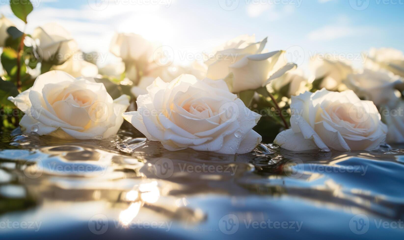 ai gerado lindo branco rosas em a água superfície dentro pôr do sol claro. romântico fundo. foto