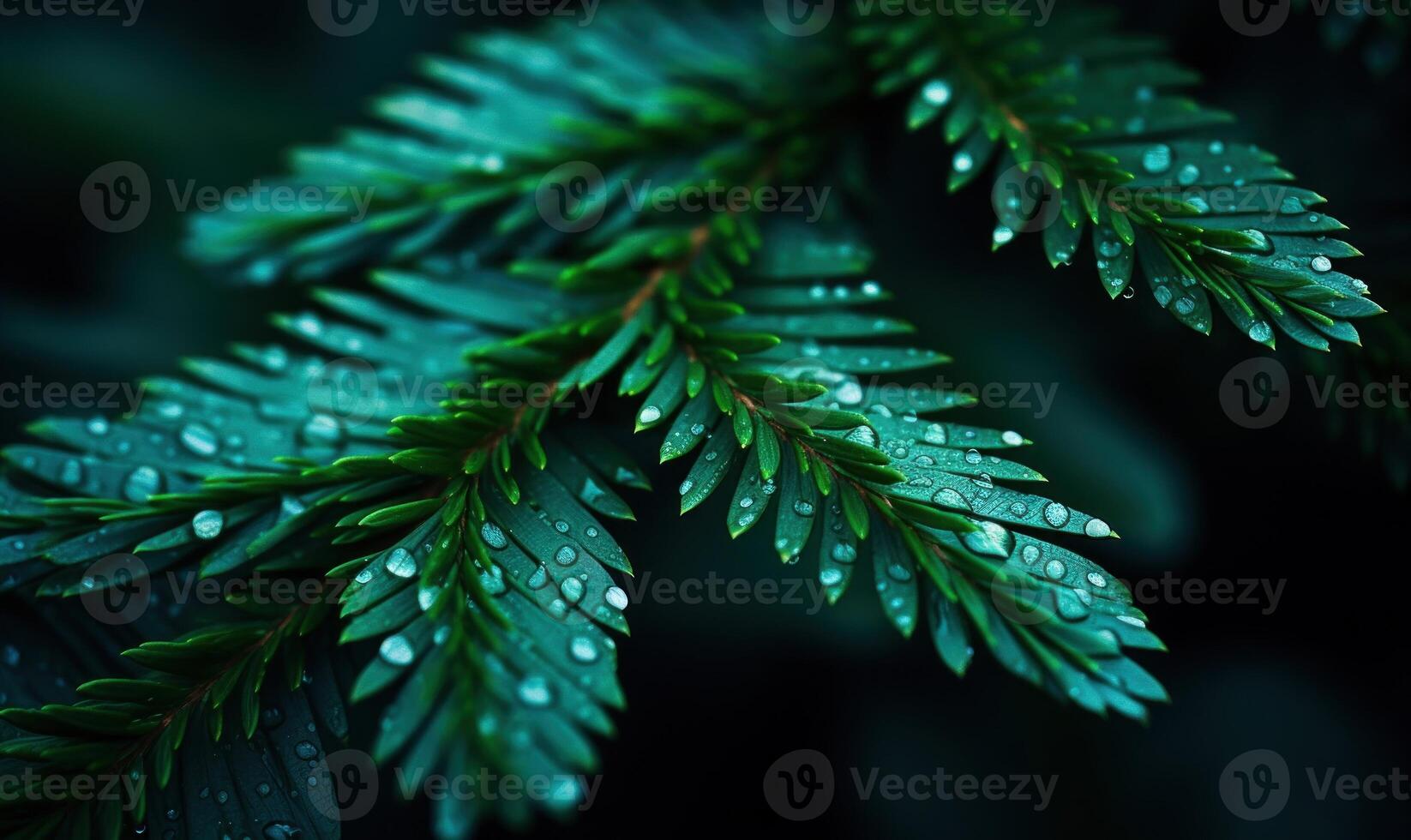 ai gerado pingos de chuva em a folhas do a abeto, fechar-se foto