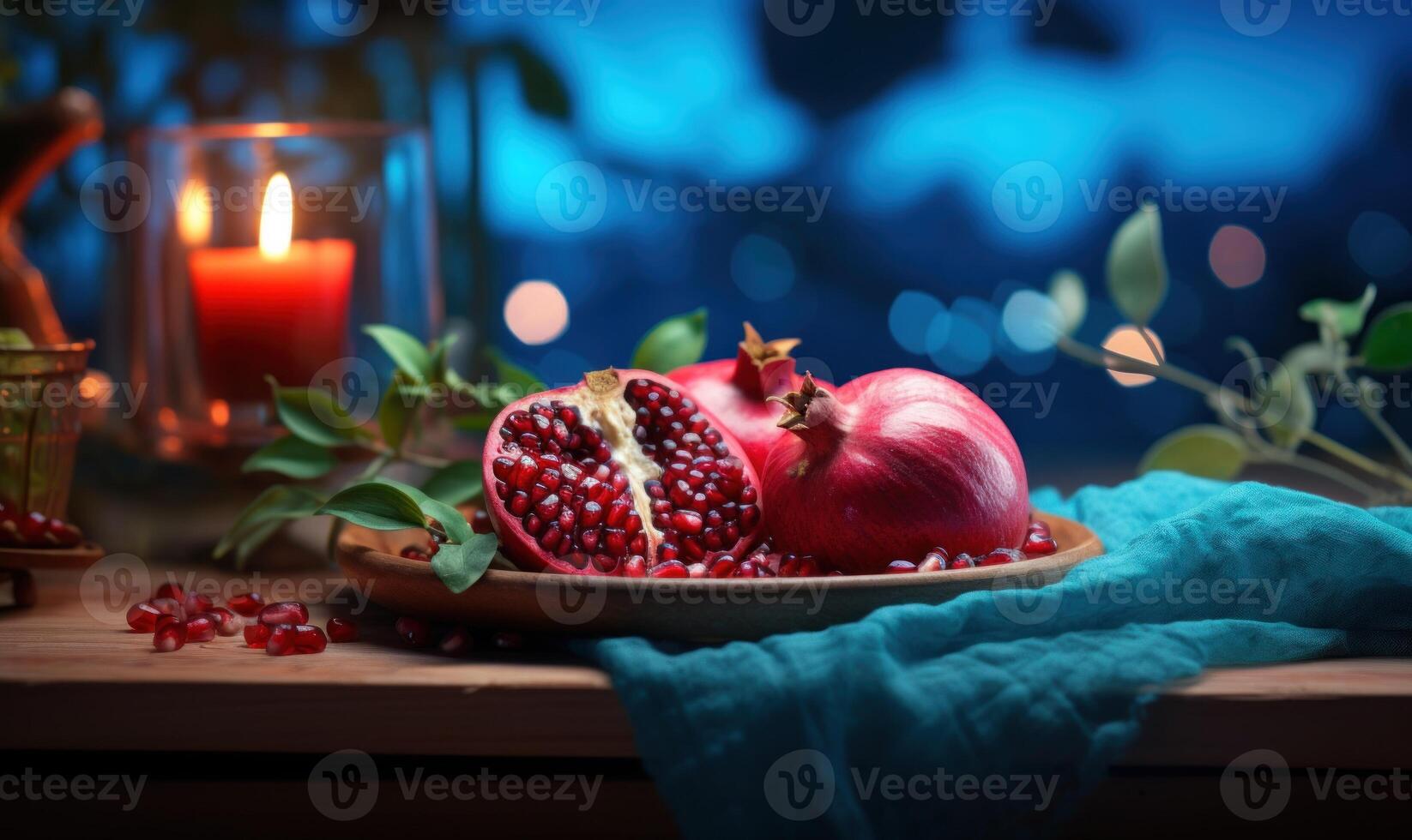 ai gerado maduro romã frutas com verde folhas em de madeira mesa foto