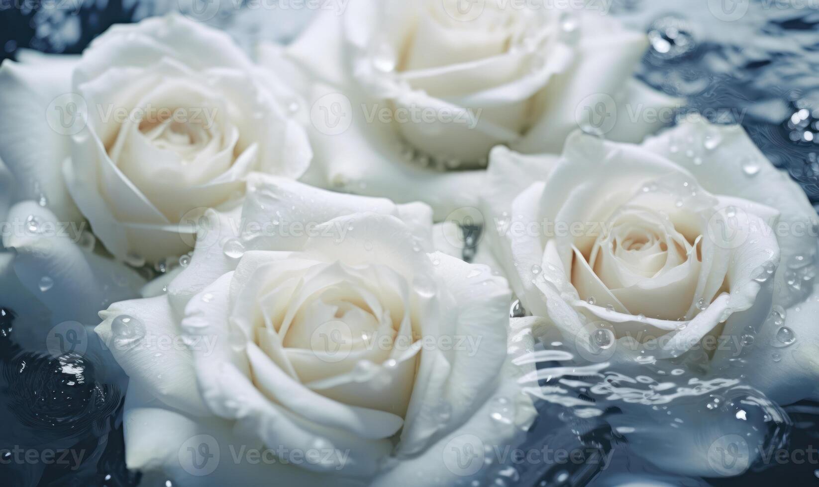 ai gerado lindo branco rosas em água superfície, fechar-se. romântico fundo foto