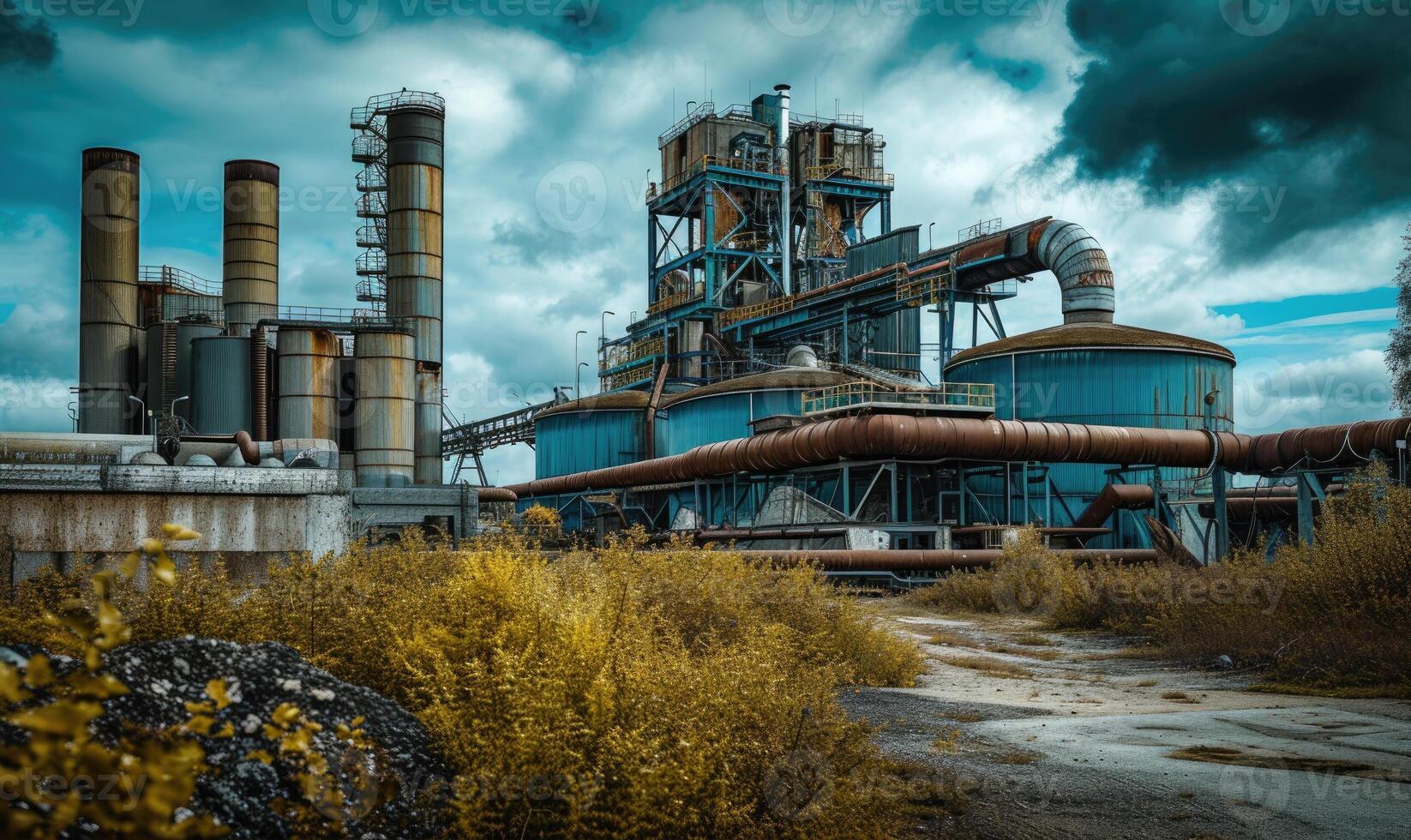 ai gerado abandonado industrial plantar dentro a meio do a floresta com azul céu foto