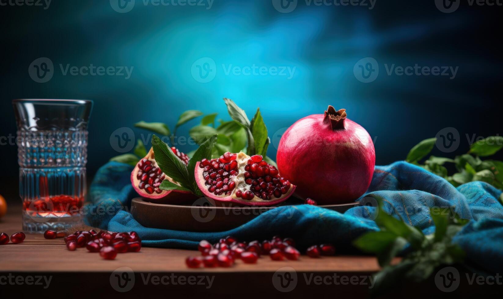 ai gerado maduro romã frutas com verde folhas em de madeira mesa foto